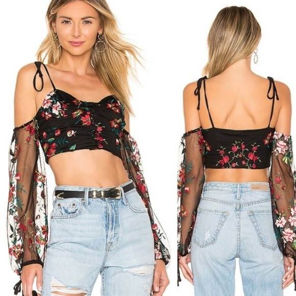 NWT TULAROSA x REVOLVE Adele Black Embroidered Long Sleeve Crop Top, Size XL - Picture 1 of 7